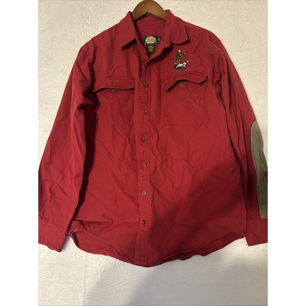 Cabelas Hunting Shirt Red Button Up Embroidered Hunter Dog Mens Large Tall